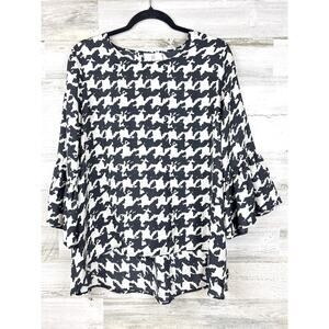 LaRoque Womens L Black Cream Houndstooth Silk Work Blouse Lightweight NEW